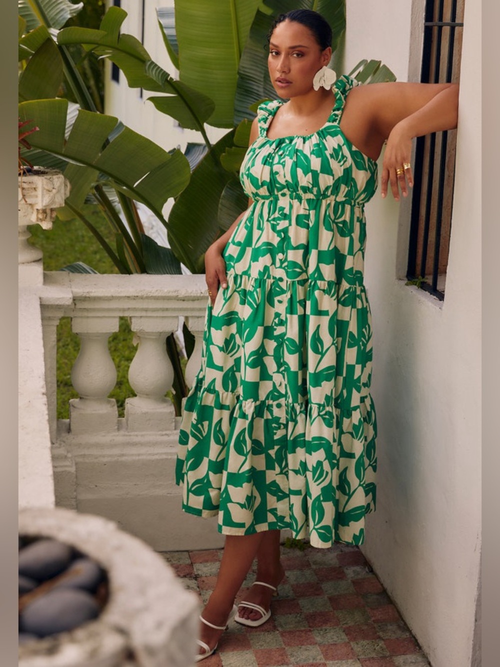Tiered Button Up Flare Dress foliage check